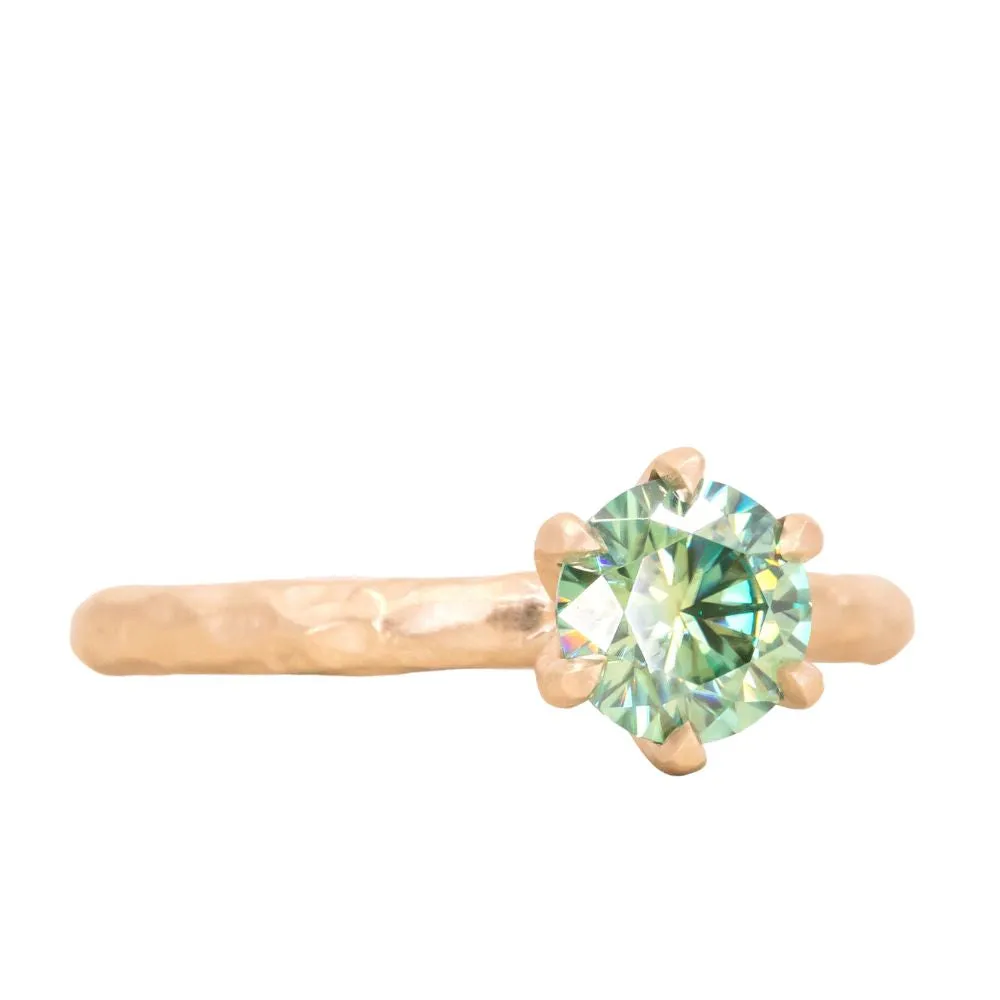 0.91ct Round Green Moissanite Evergreen Six Prong Solitaire in Satin 14k Yellow Gold