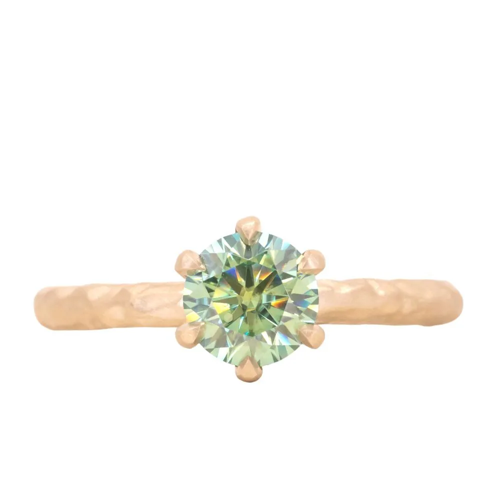 0.91ct Round Green Moissanite Evergreen Six Prong Solitaire in Satin 14k Yellow Gold