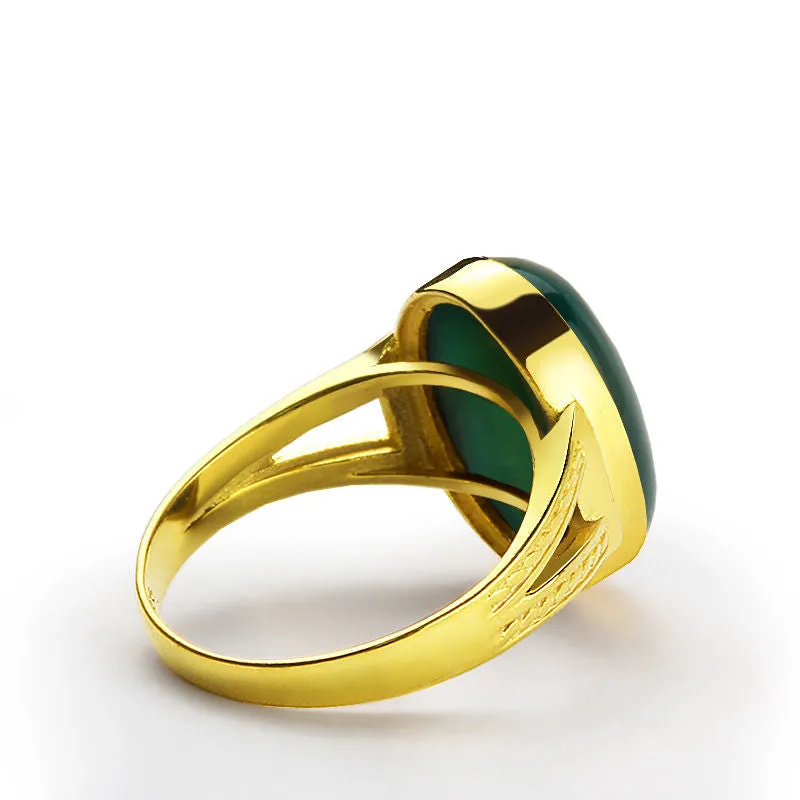 14k Yellow Gold Men's Ring with Green Agate, Natural Stone Ring for Men