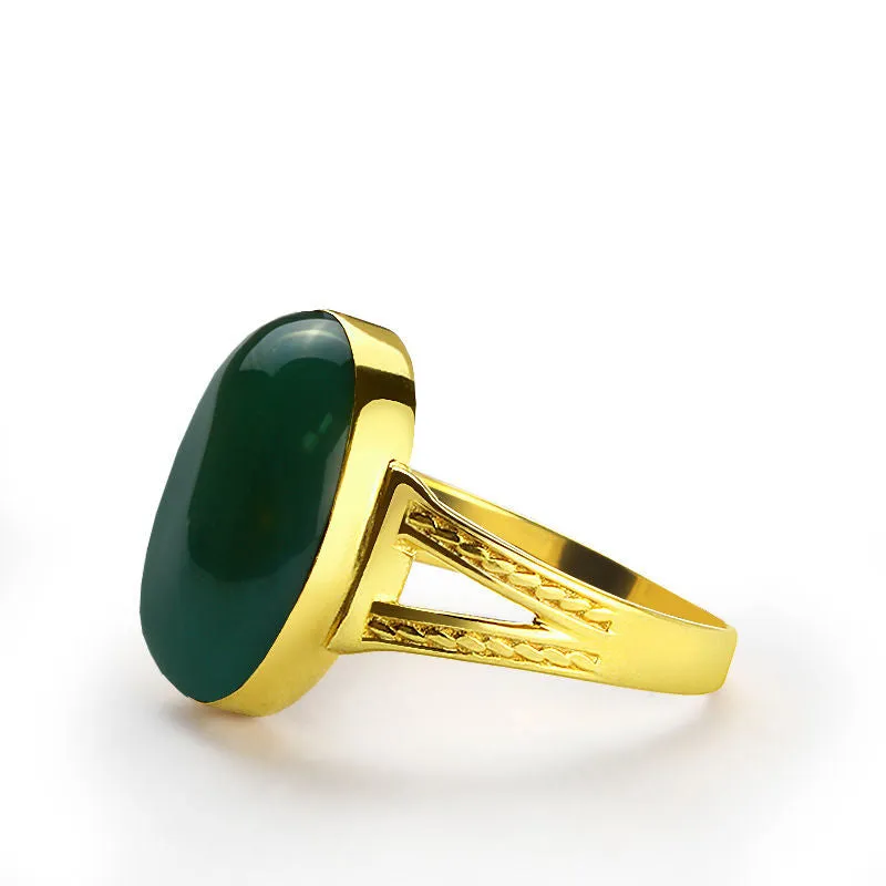 14k Yellow Gold Men's Ring with Green Agate, Natural Stone Ring for Men