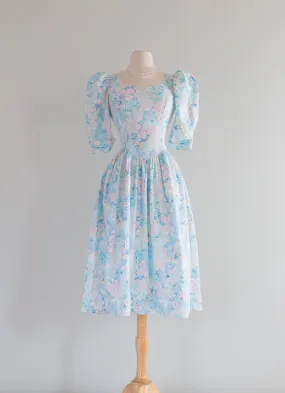 1980's Pastel Garden Print Cotton Dress With Bow Back / Medium