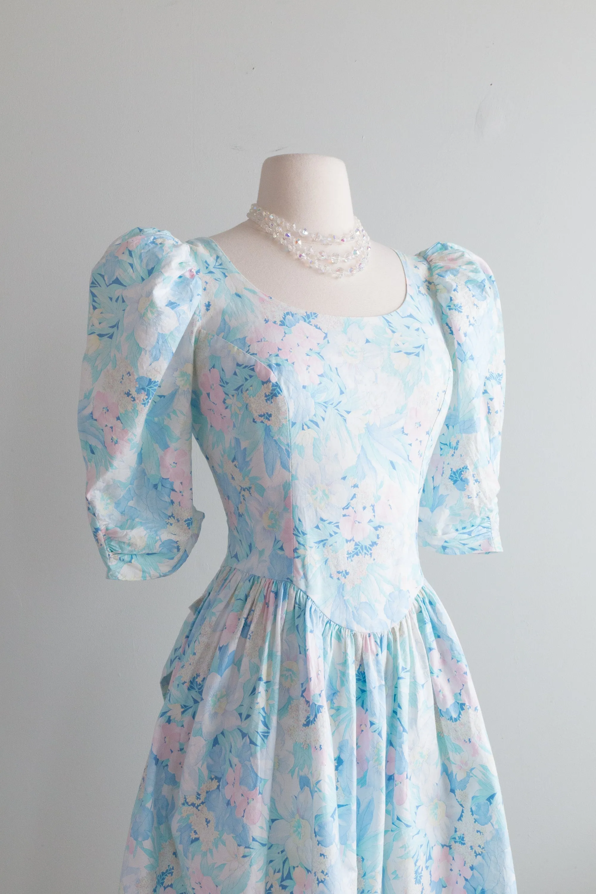 1980's Pastel Garden Print Cotton Dress With Bow Back / Medium