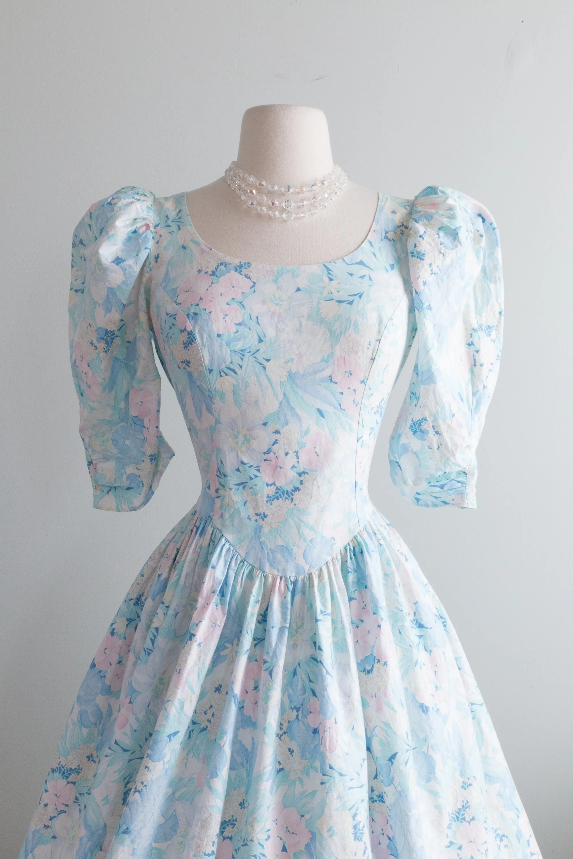 1980's Pastel Garden Print Cotton Dress With Bow Back / Medium