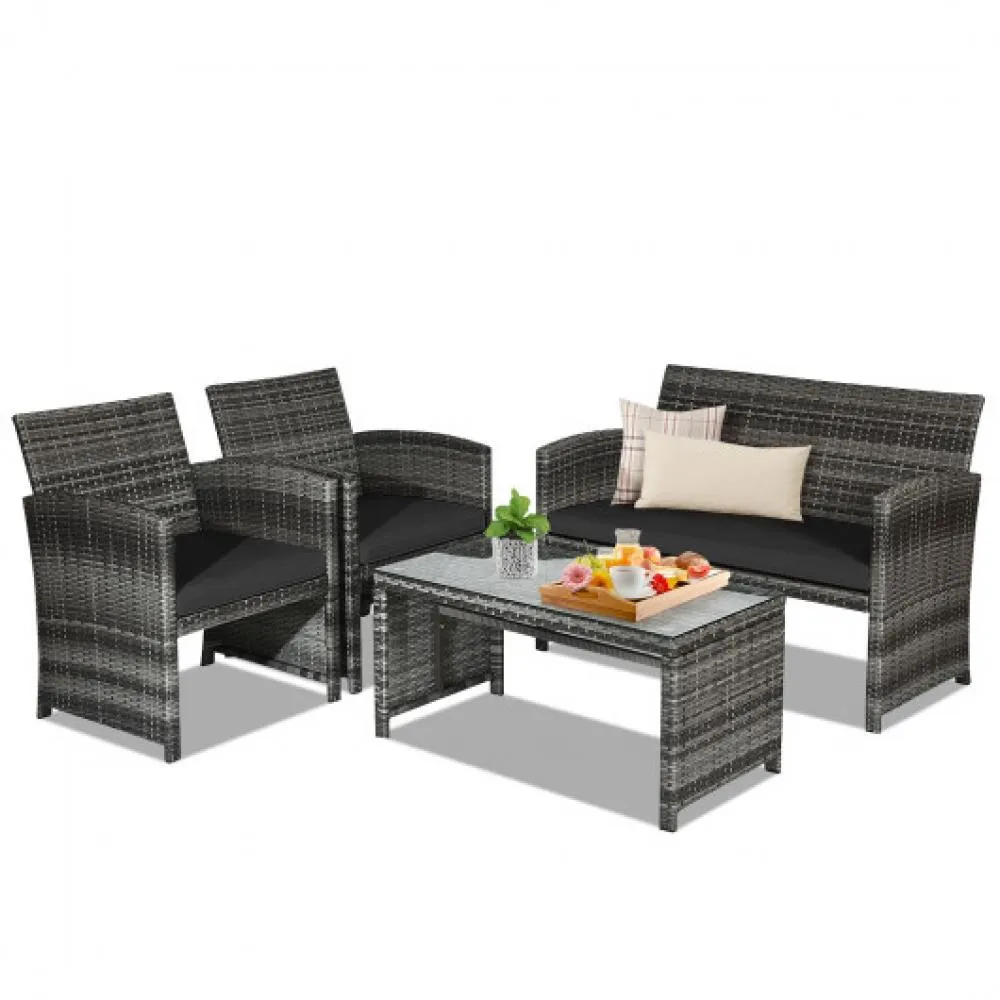 4 Pcs Patio Rattan Furniture Set Top Sofa With Glass Table-White