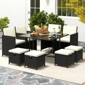 9 PCS Outdoor Dining Furniture Set with Tempered Glass Table and Ottomans-White