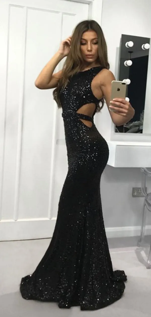 Black Sequin Open Back Mermaid Sleeveless Long Formal Prom Dresses, DB1105