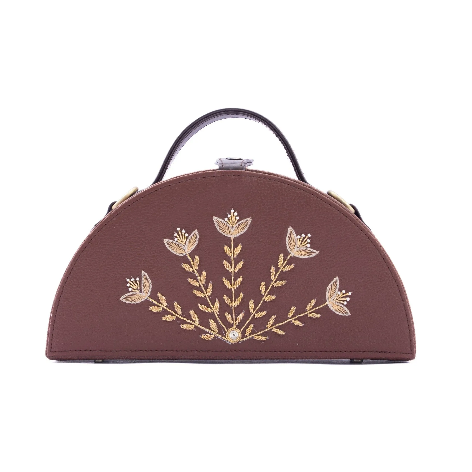 bloom tan hand embroidered semi circle crossbody clutch bag