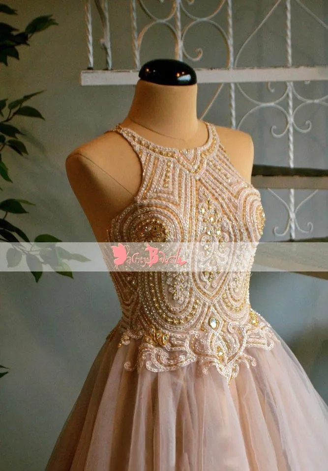 Blush Pink Shinning Gold Beaded Appliques Lace Up Back Ball Gown  Prom Dresses. DB1067