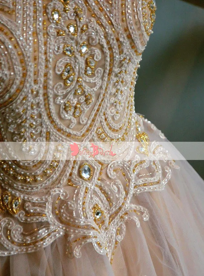 Blush Pink Shinning Gold Beaded Appliques Lace Up Back Ball Gown  Prom Dresses. DB1067