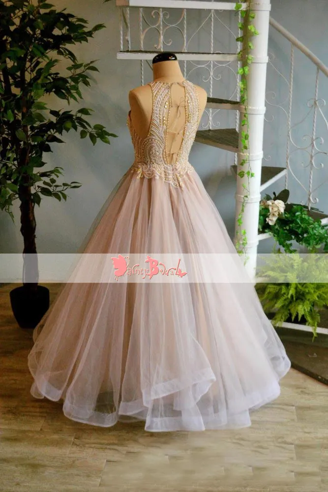 Blush Pink Shinning Gold Beaded Appliques Lace Up Back Ball Gown  Prom Dresses. DB1067