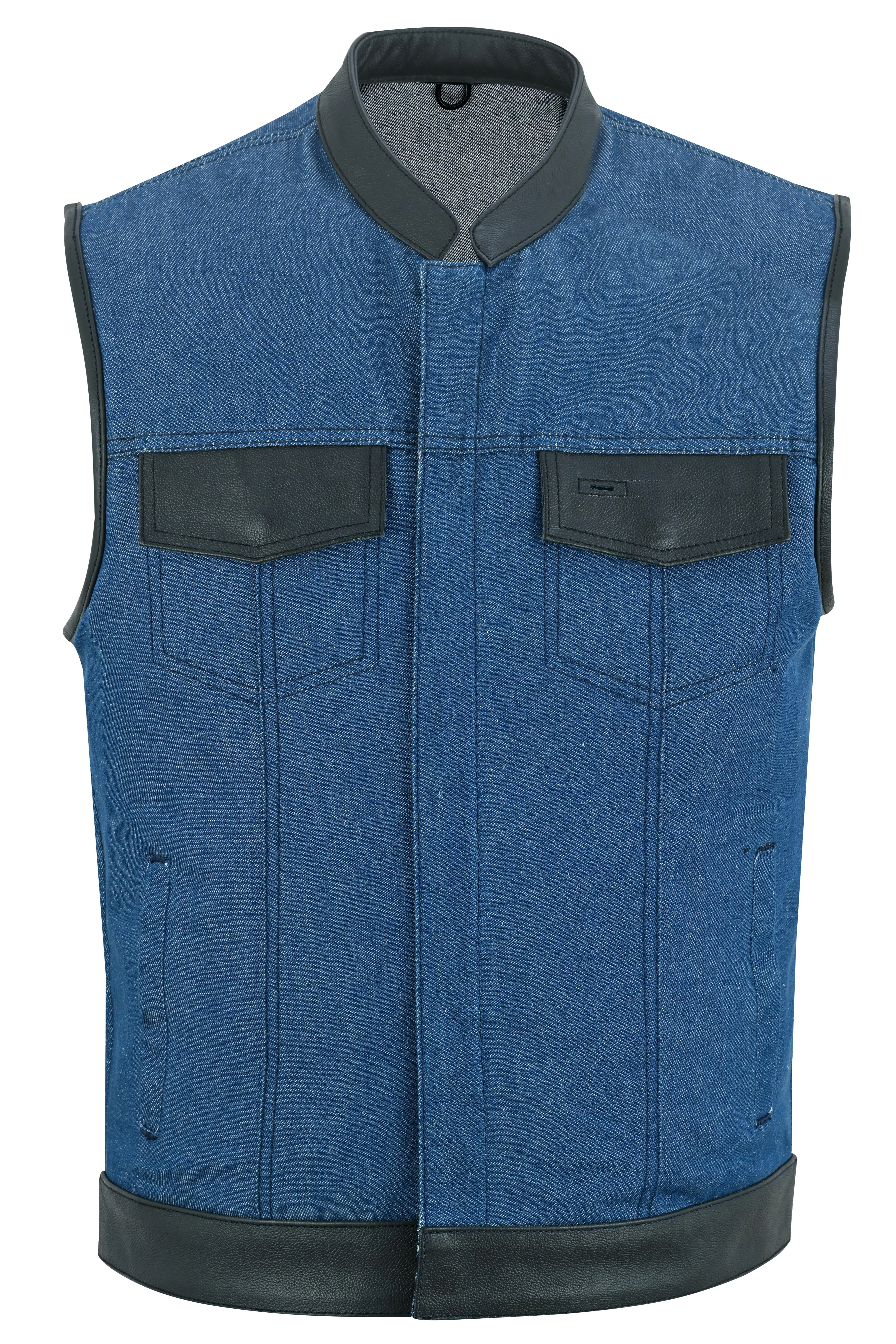 DM Men's Broken Blue RoughRub-Off Raw Finish Denim Vest W/Leather