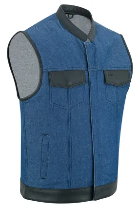 DM Men's Broken Blue RoughRub-Off Raw Finish Denim Vest W/Leather