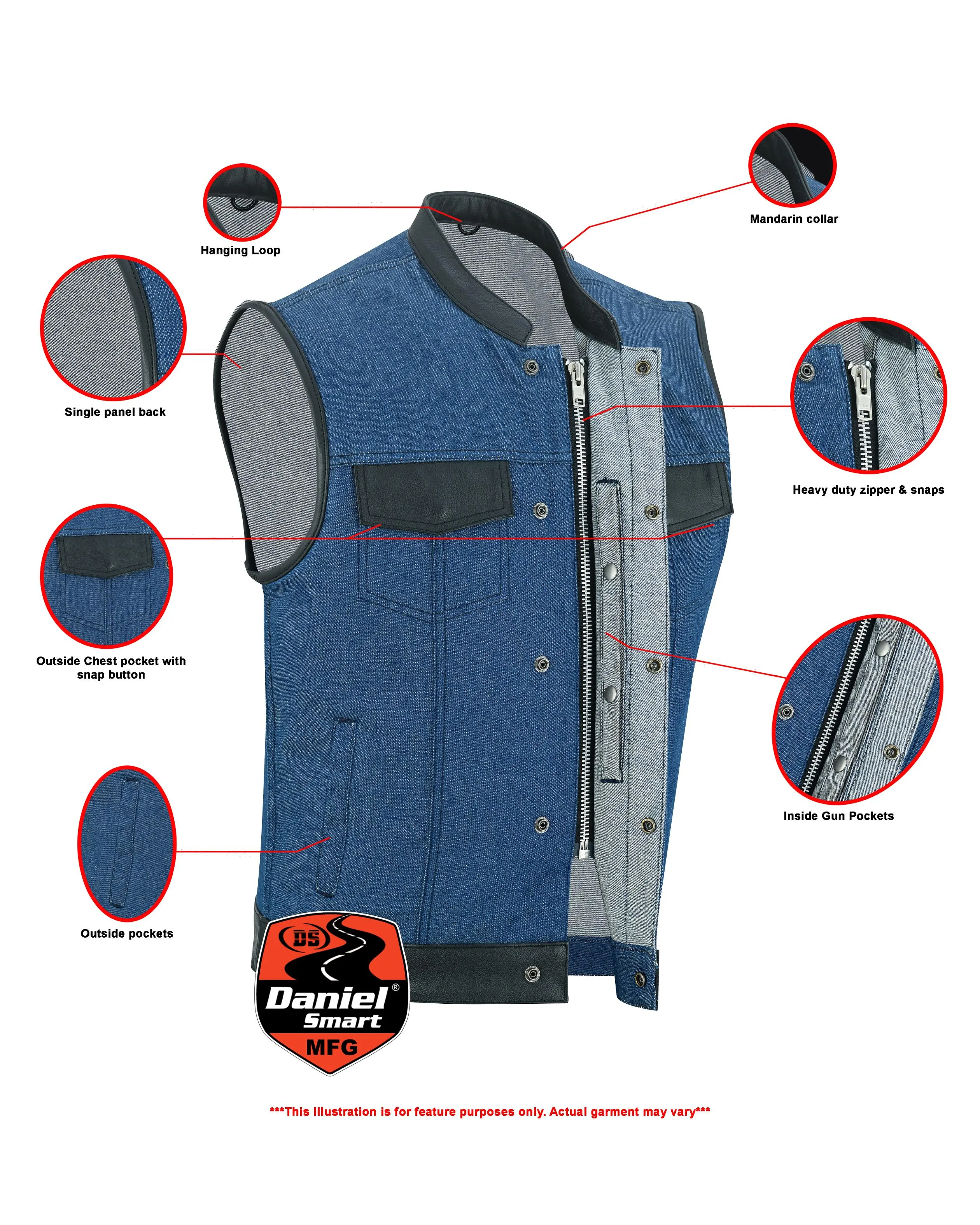 DM Men's Broken Blue RoughRub-Off Raw Finish Denim Vest W/Leather