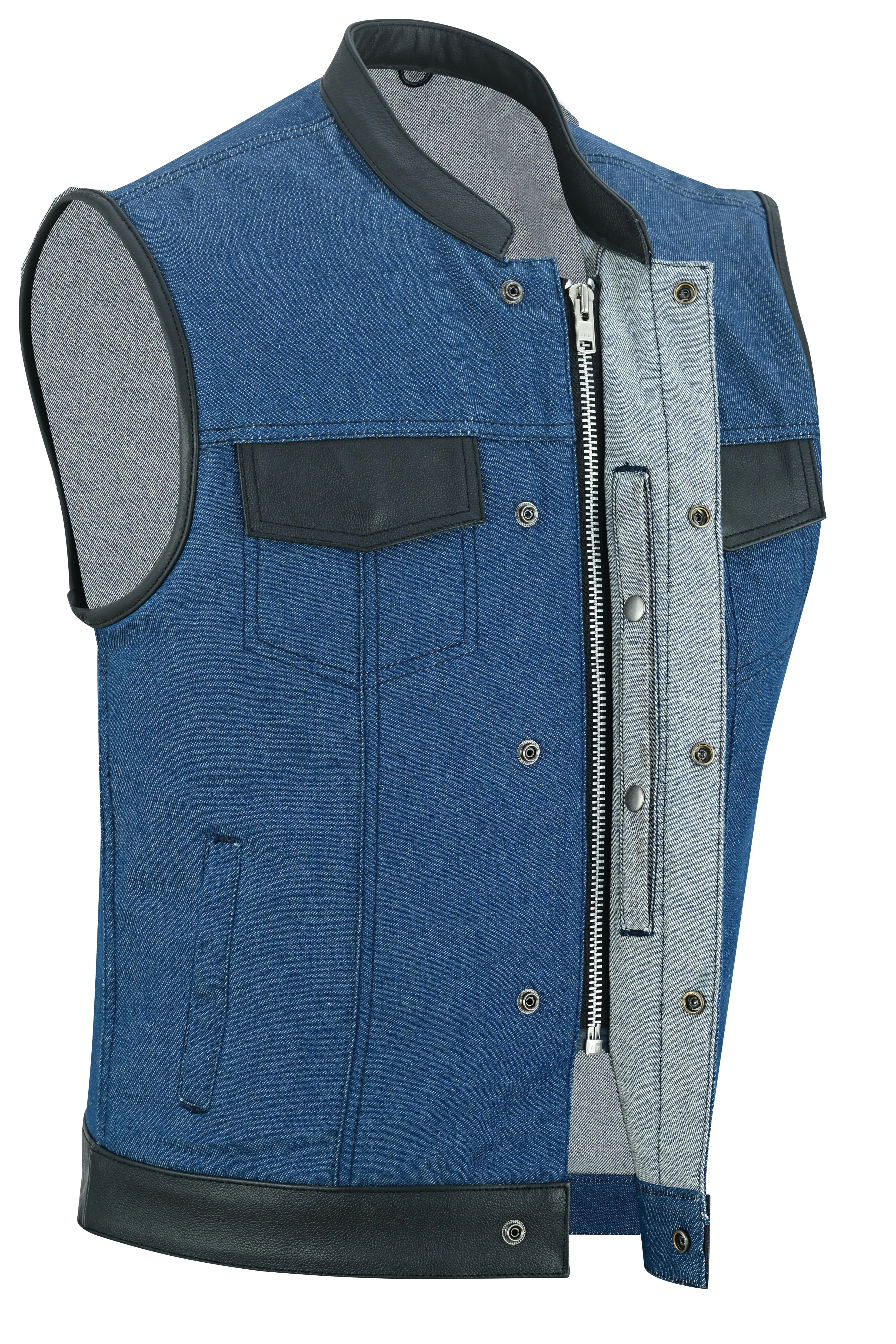 DM Men's Broken Blue RoughRub-Off Raw Finish Denim Vest W/Leather