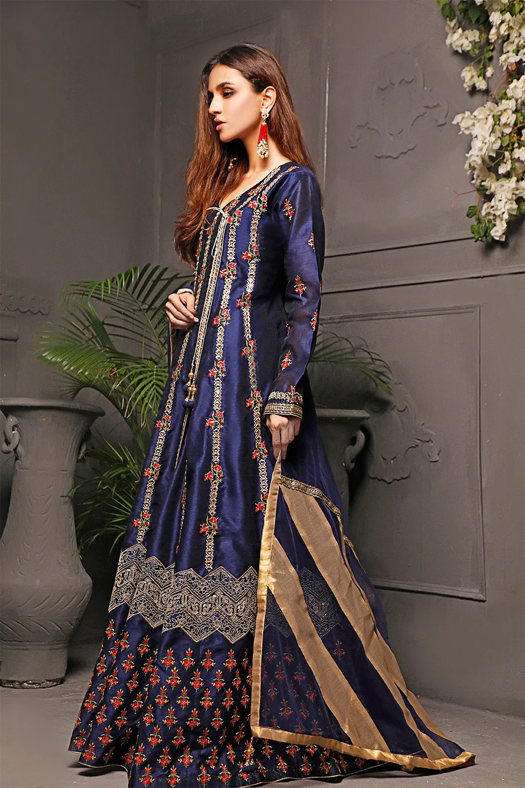 Embroidered Raw Silk Angharka Style Long Maxi | Nikhaar | M202023