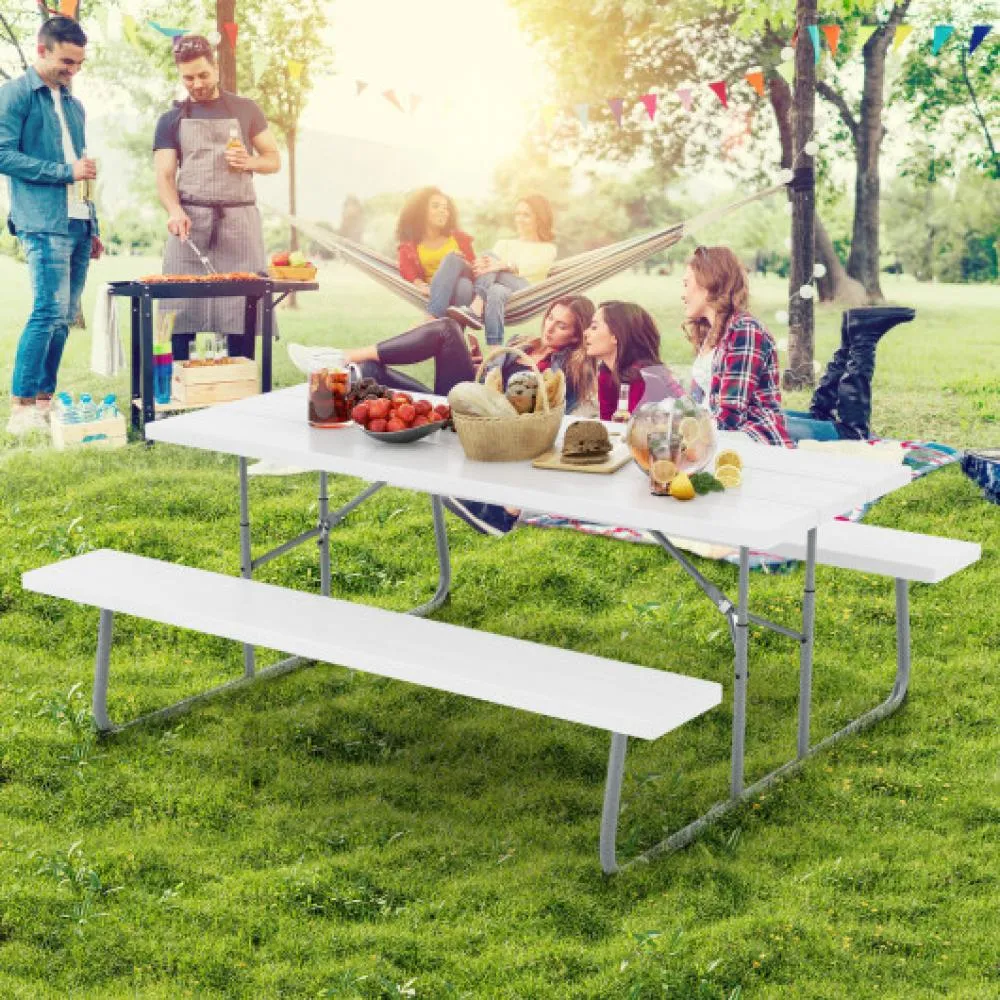 Folding Picnic Table Set with Metal Frame and All-Weather HDPE Tabletop  Umbrella Hole-Gray