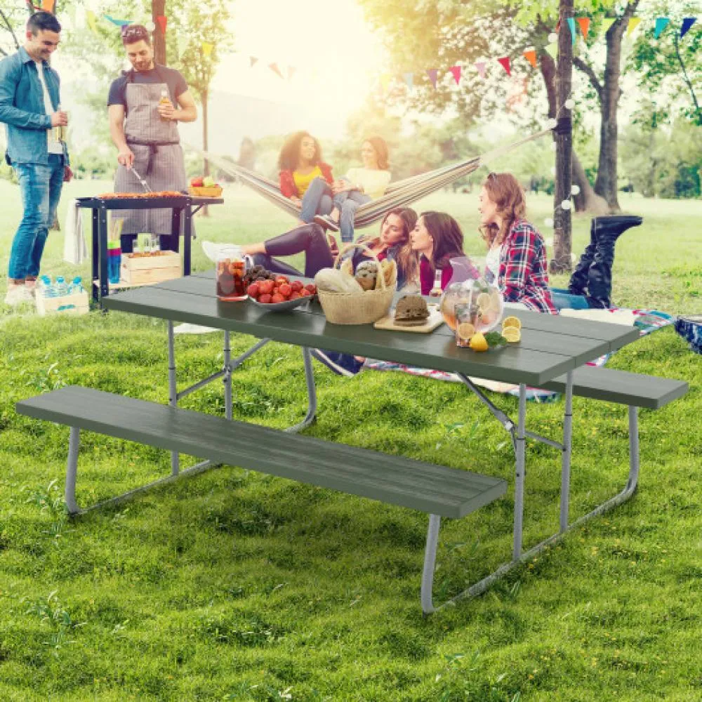 Folding Picnic Table Set with Metal Frame and All-Weather HDPE Tabletop  Umbrella Hole-Gray