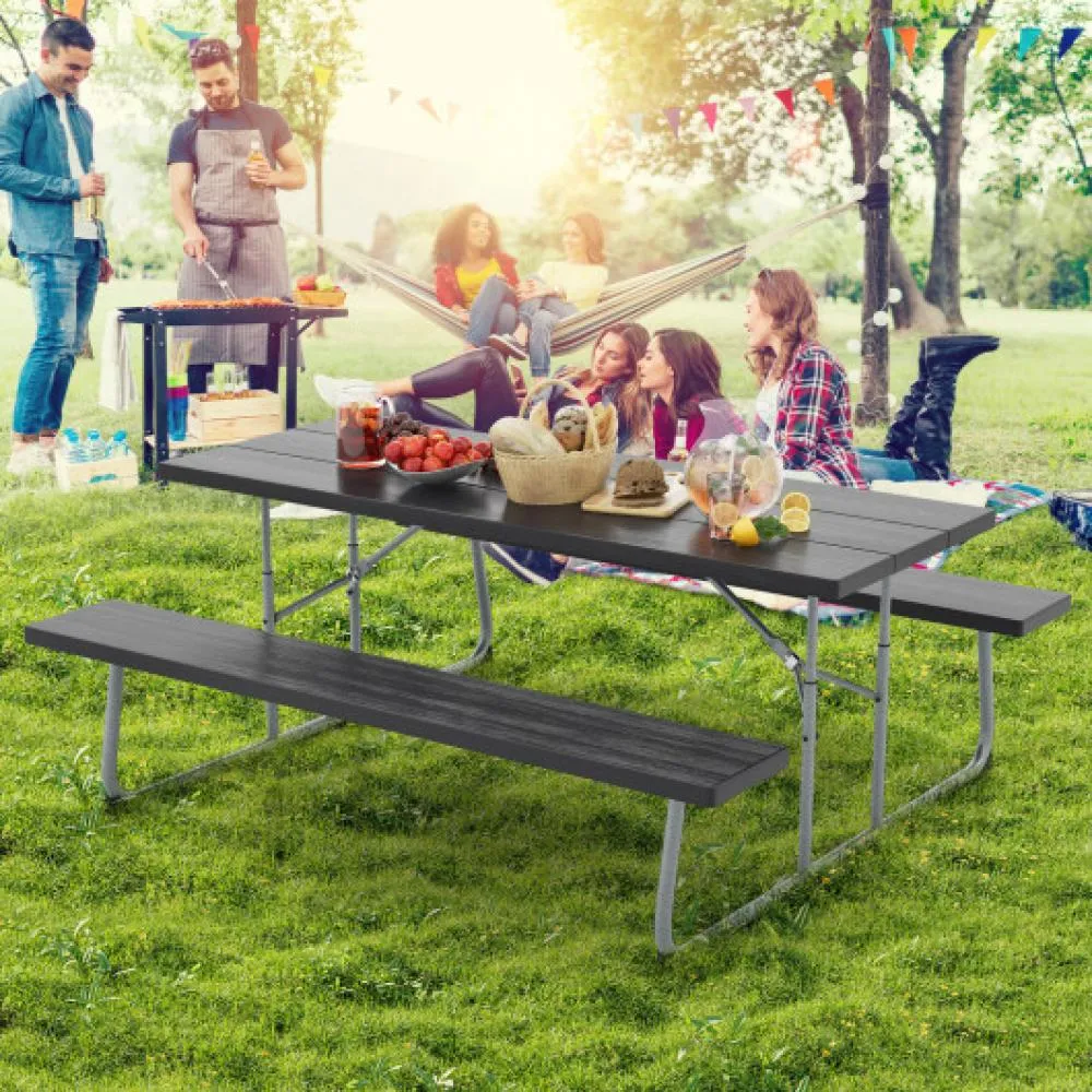 Folding Picnic Table Set with Metal Frame and All-Weather HDPE Tabletop  Umbrella Hole-Gray