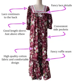 Hawaiian Muumuu Dress in Dark Red Floral Print Muumuu with White Lace Trim 8891