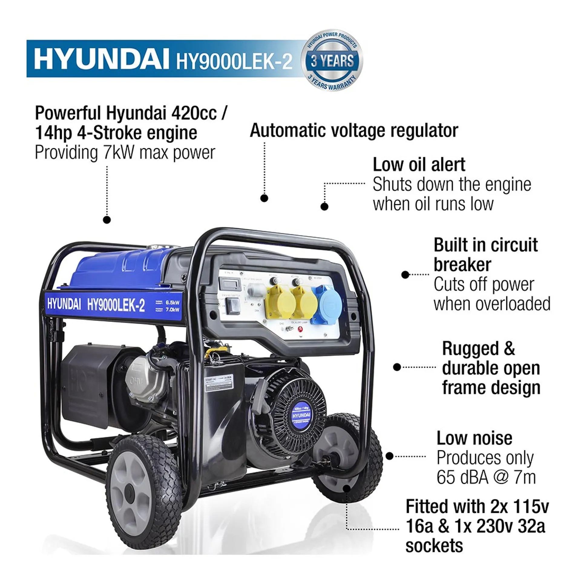 Hyundai Petrol Generator 7kW / 8.75kVa HY9000LEK-2