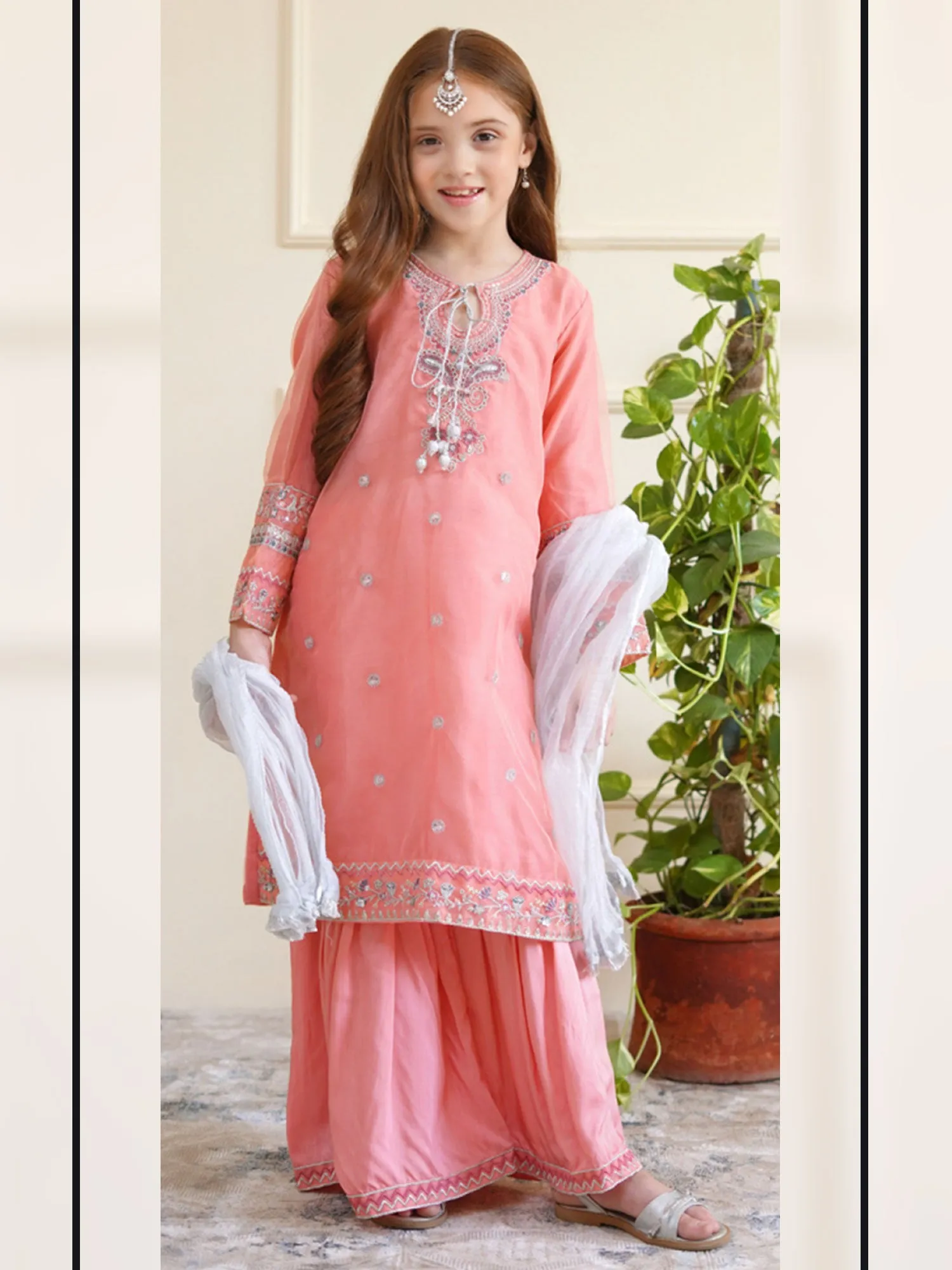 Kids Pink Embroidered Organza Suit with Gharara