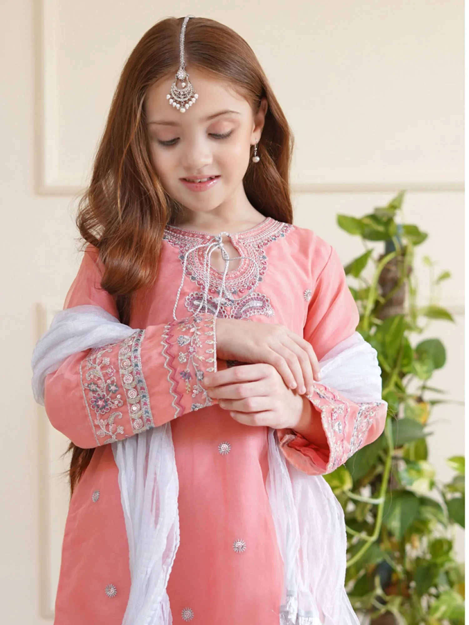 Kids Pink Embroidered Organza Suit with Gharara