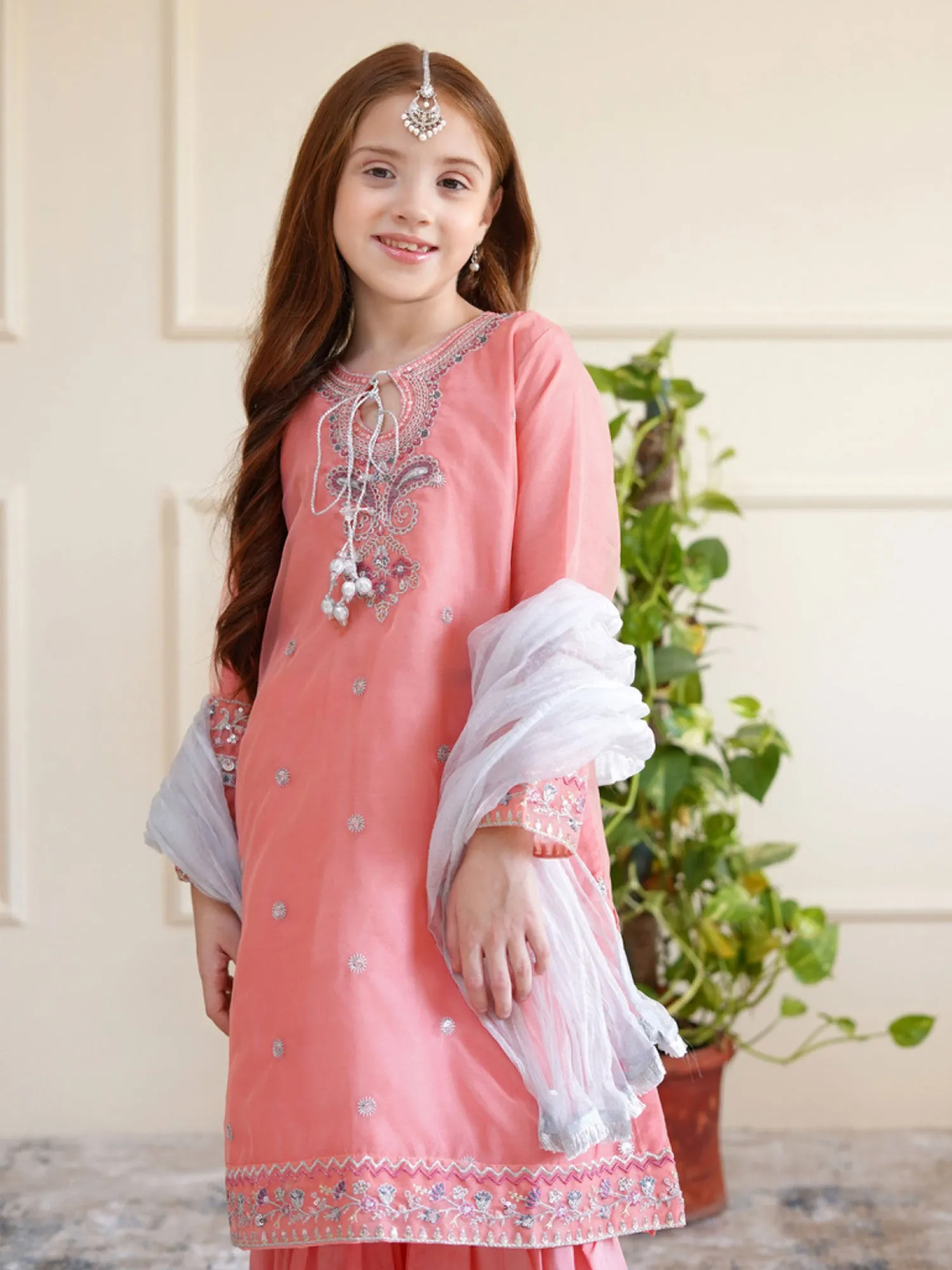 Kids Pink Embroidered Organza Suit with Gharara