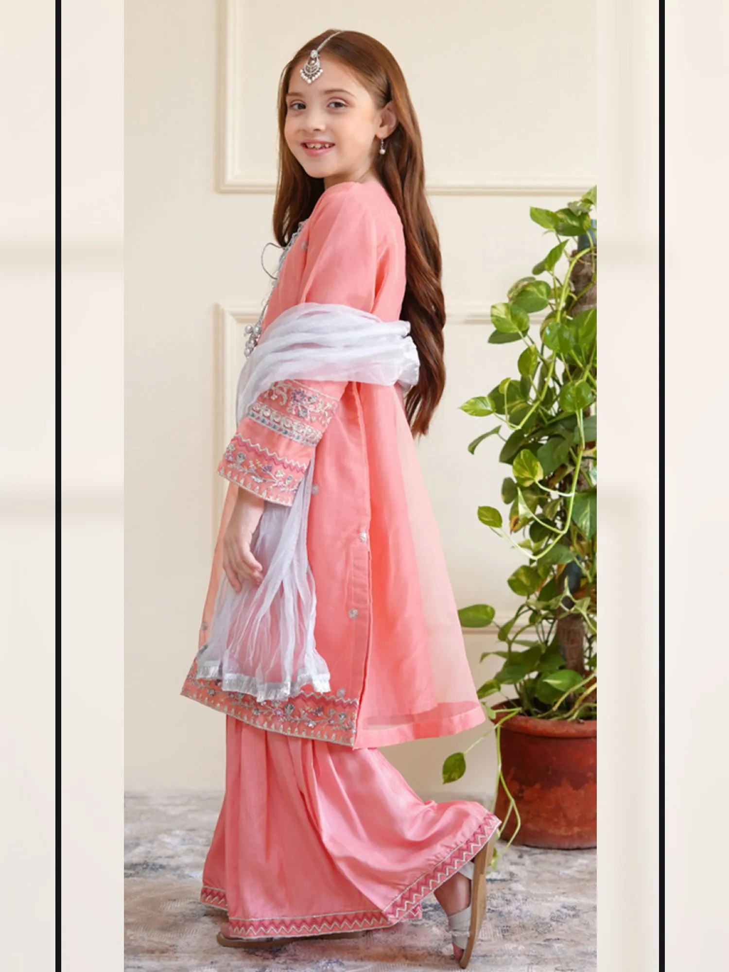 Kids Pink Embroidered Organza Suit with Gharara