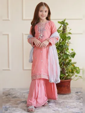 Kids Pink Embroidered Organza Suit with Gharara