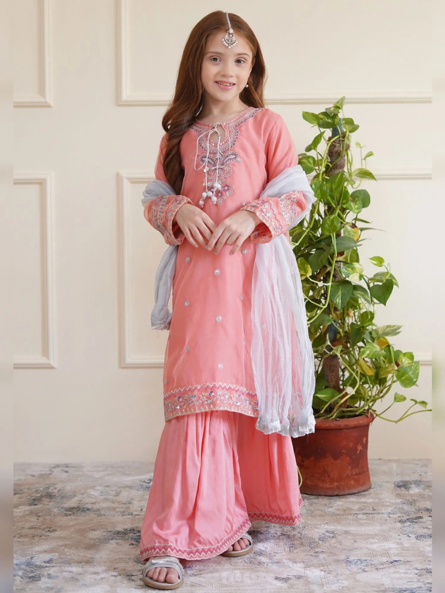 Kids Pink Embroidered Organza Suit with Gharara