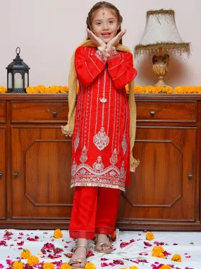 Kids Red Embroidered Organza 3-Piece Suit