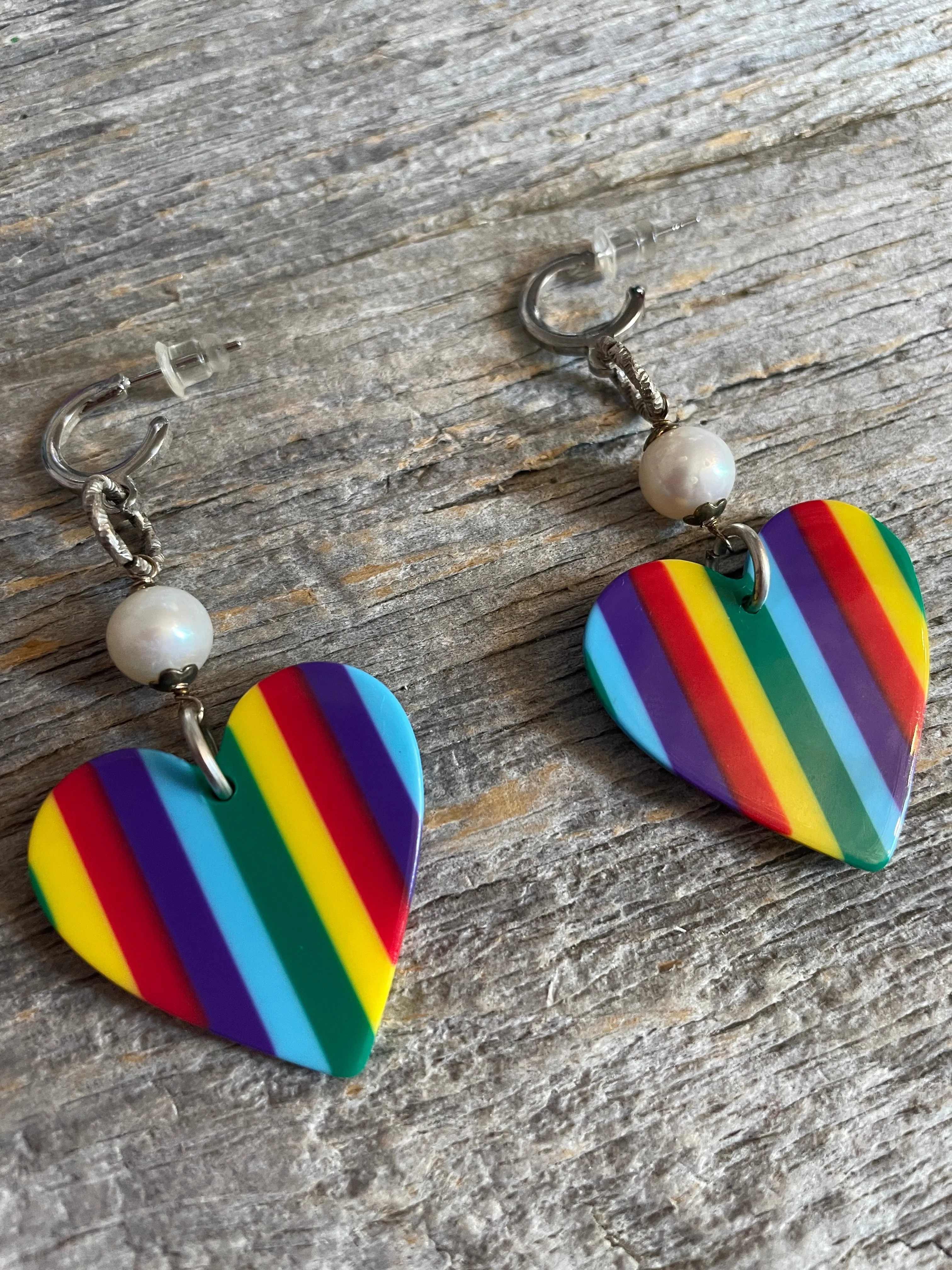 One of a kind Vintage Bakelite rainbow heart drop earrings with pearl on sterling silver