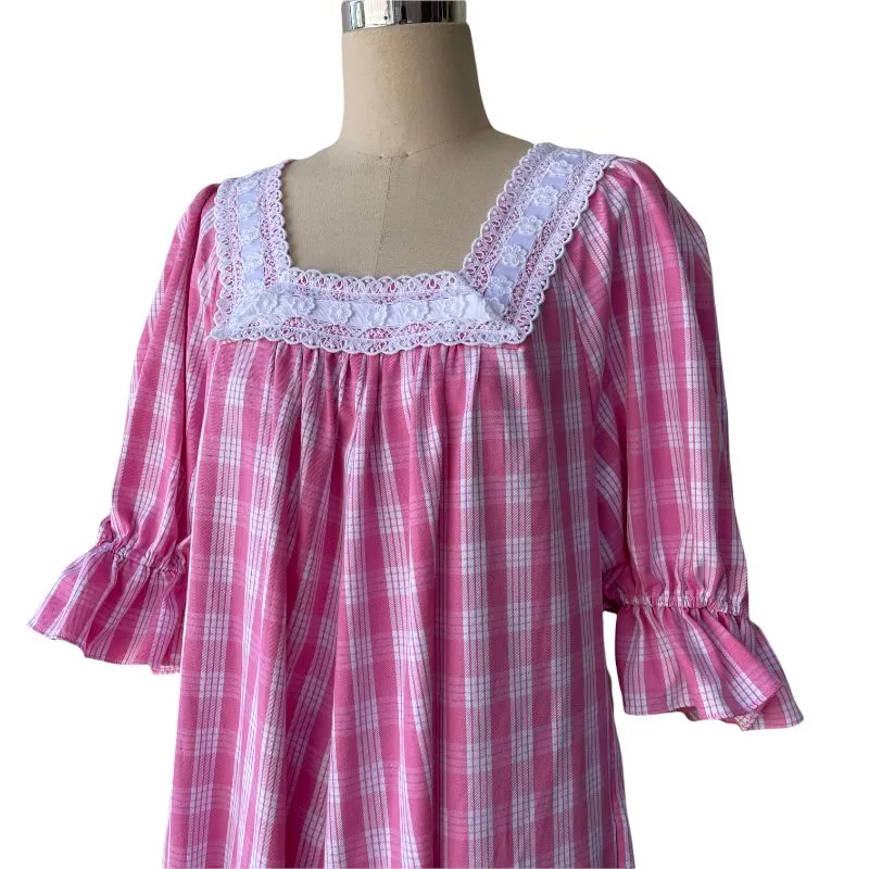 Pink Palaka Vintage Style Muumuu With White Lace Trim 8891