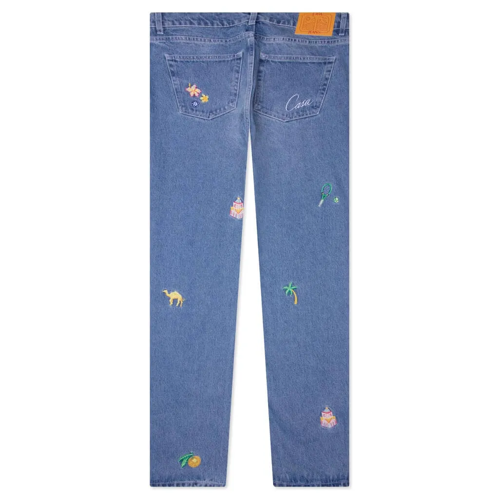 Stone Wash Denim Embroidered Motif Jean - Stone Wash