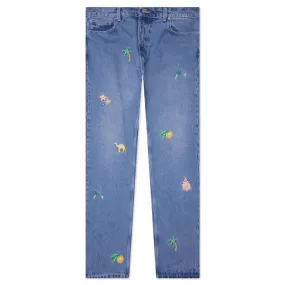 Stone Wash Denim Embroidered Motif Jean - Stone Wash