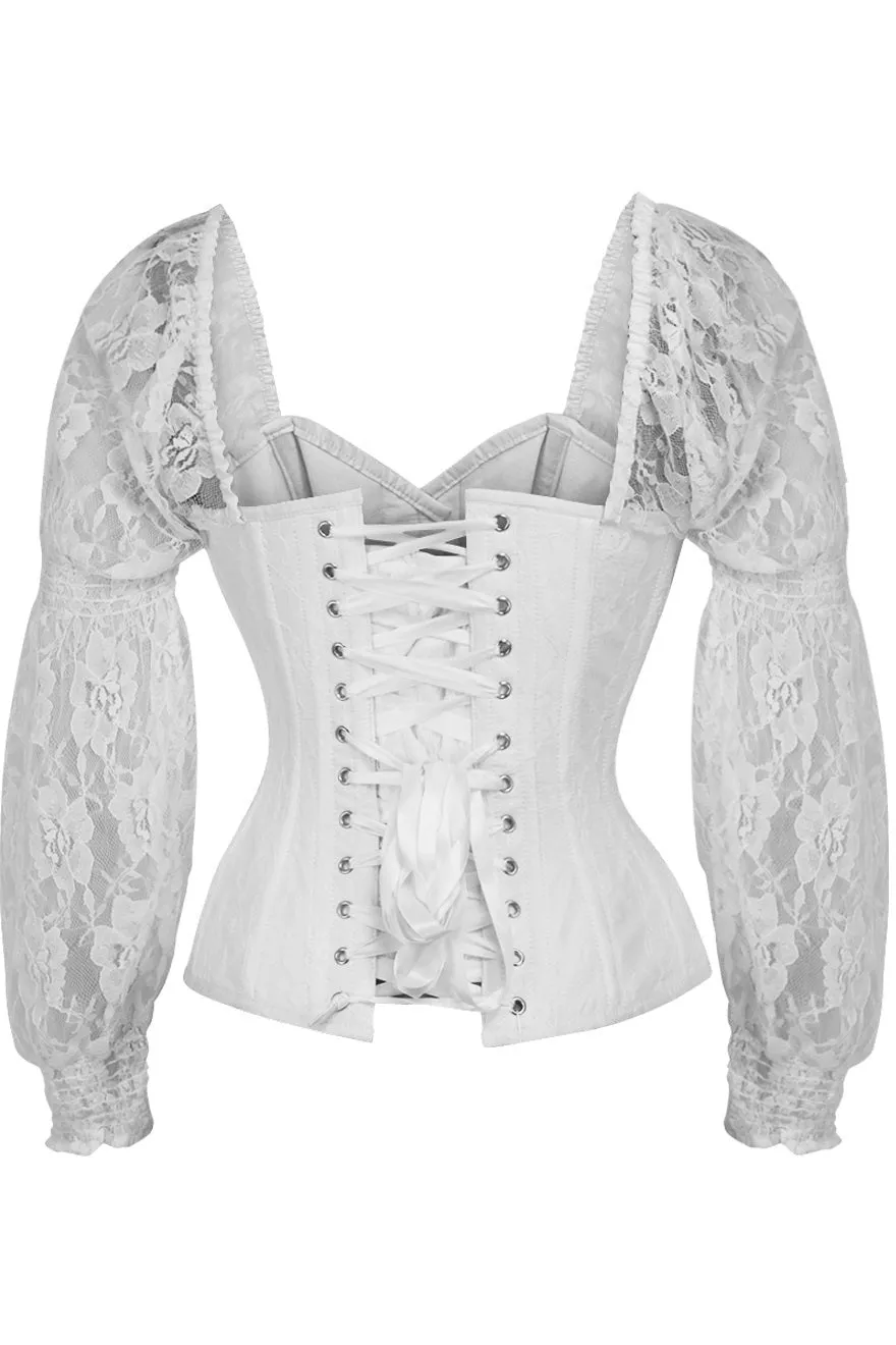 Top Drawer White w/White Lace Steel Boned Long Sleeve Corset