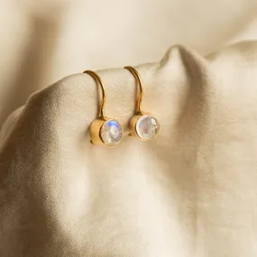 Vintage 14K Yellow Gold Moonstone Bezel Drop Earrings